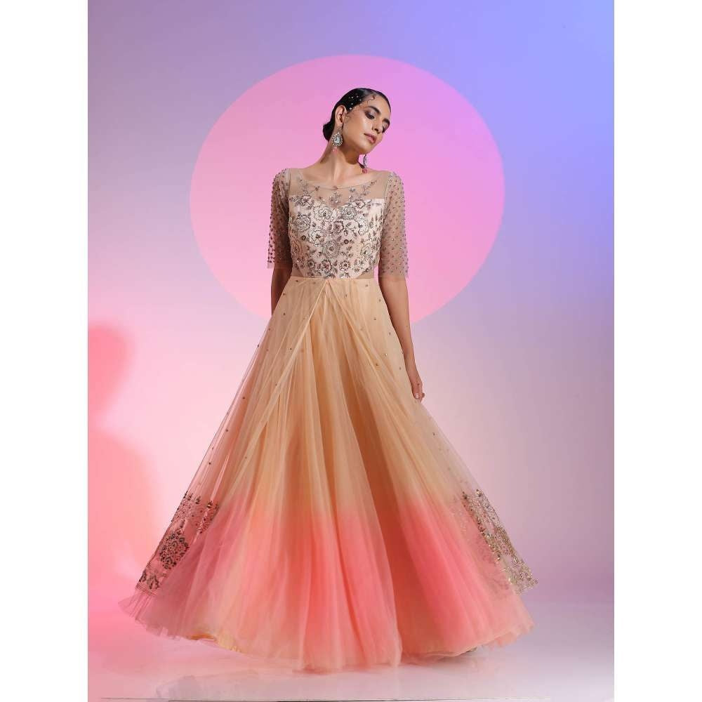 Kudi Pataka Designs Mandira Peach Embellished Sequined Maxi Dress
