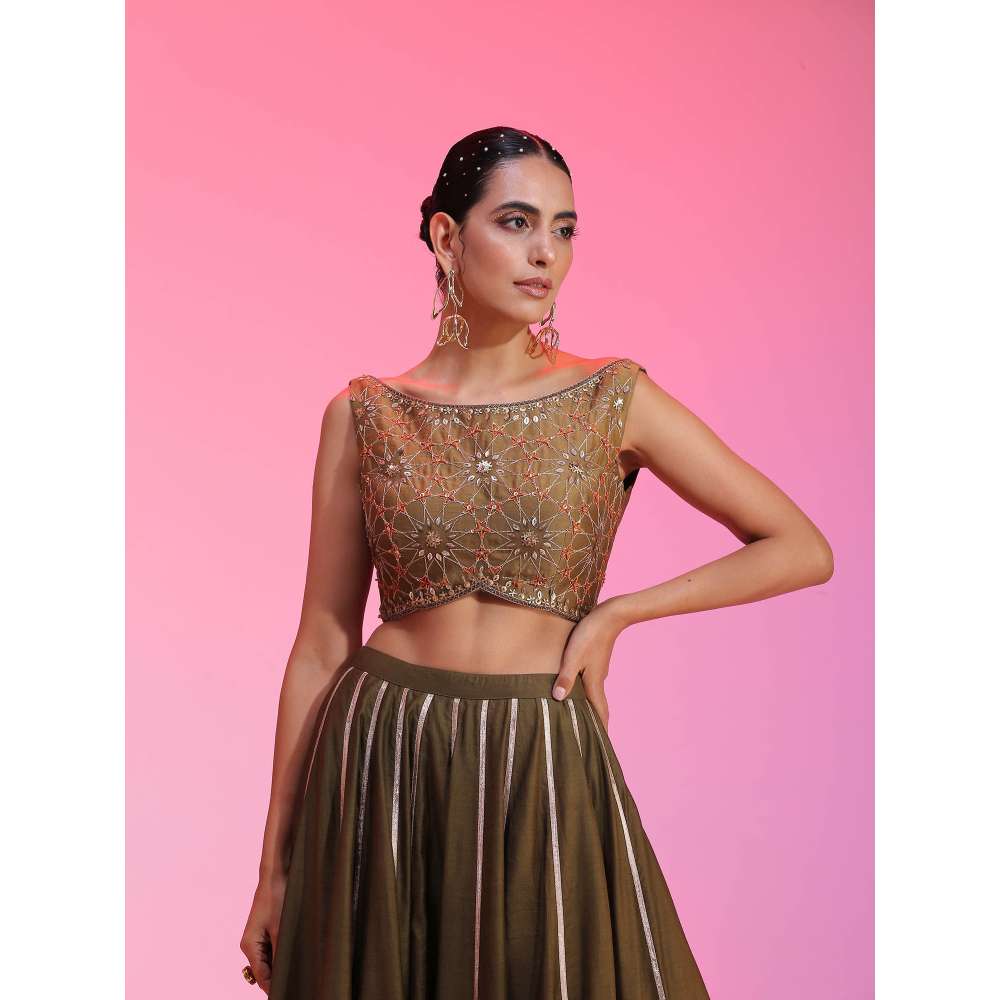 Kudi Pataka Designs Chandniya-Ol Olive Classic Lehenga With Choli & Dupatta (Set of 3)