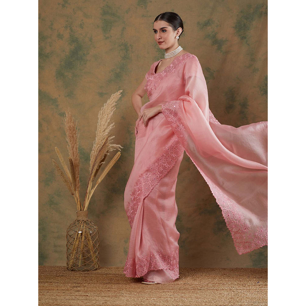 Label Nitika Onion Pink Embroidered Saree with Stitched Blouse