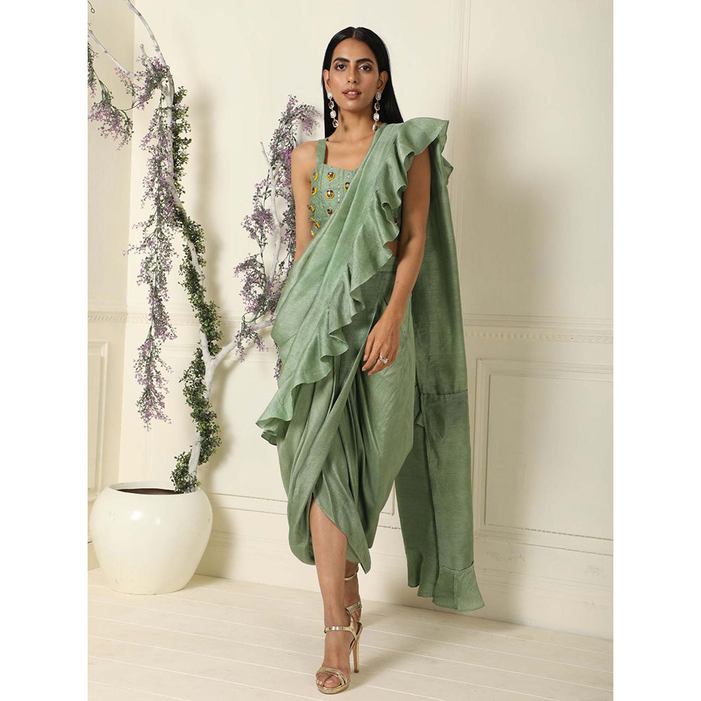 Label Nitika Sage Green Ruffle Saree with Stitched Blouse
