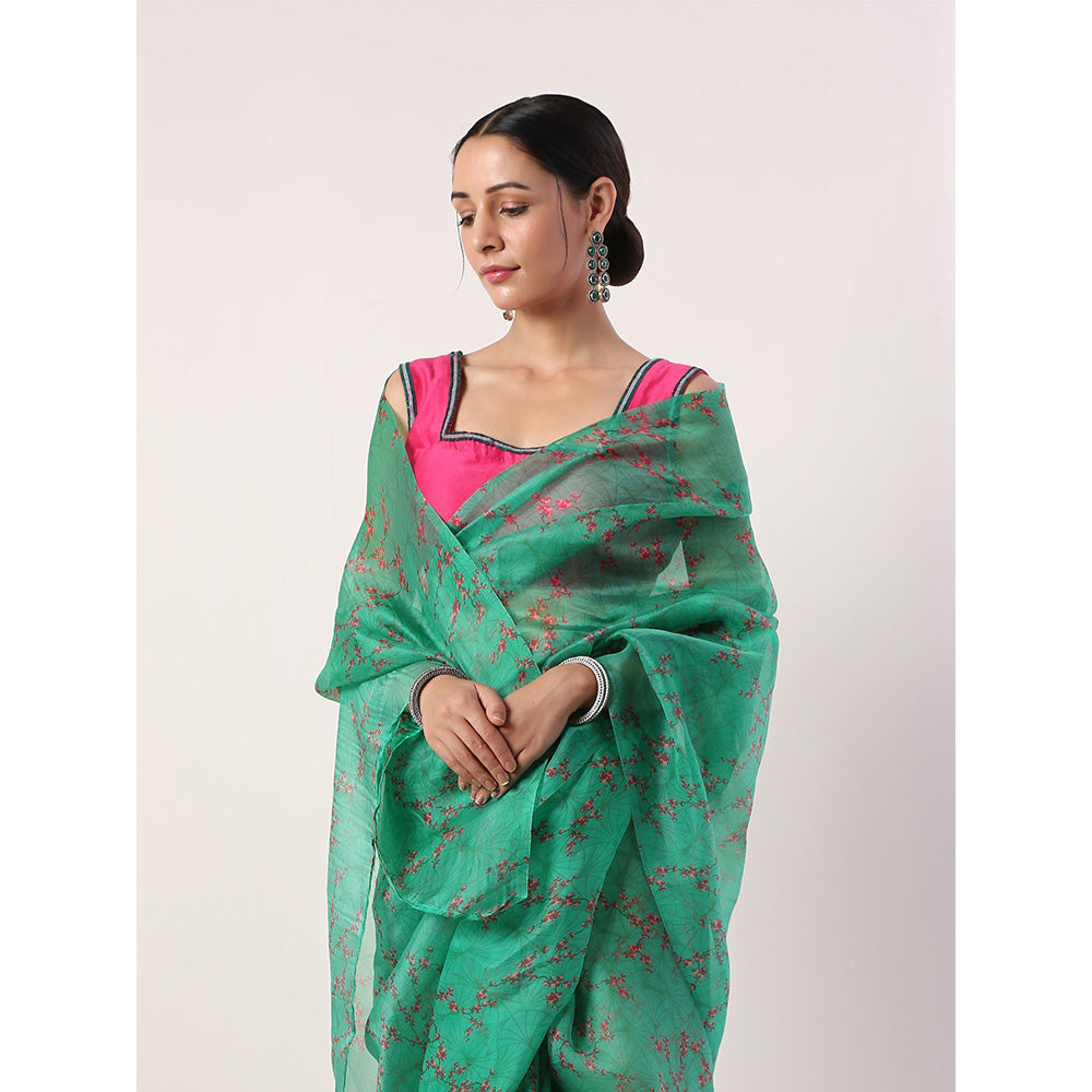 Label Nitika Green Floral Printed Organza Saree with Stitched Blouse