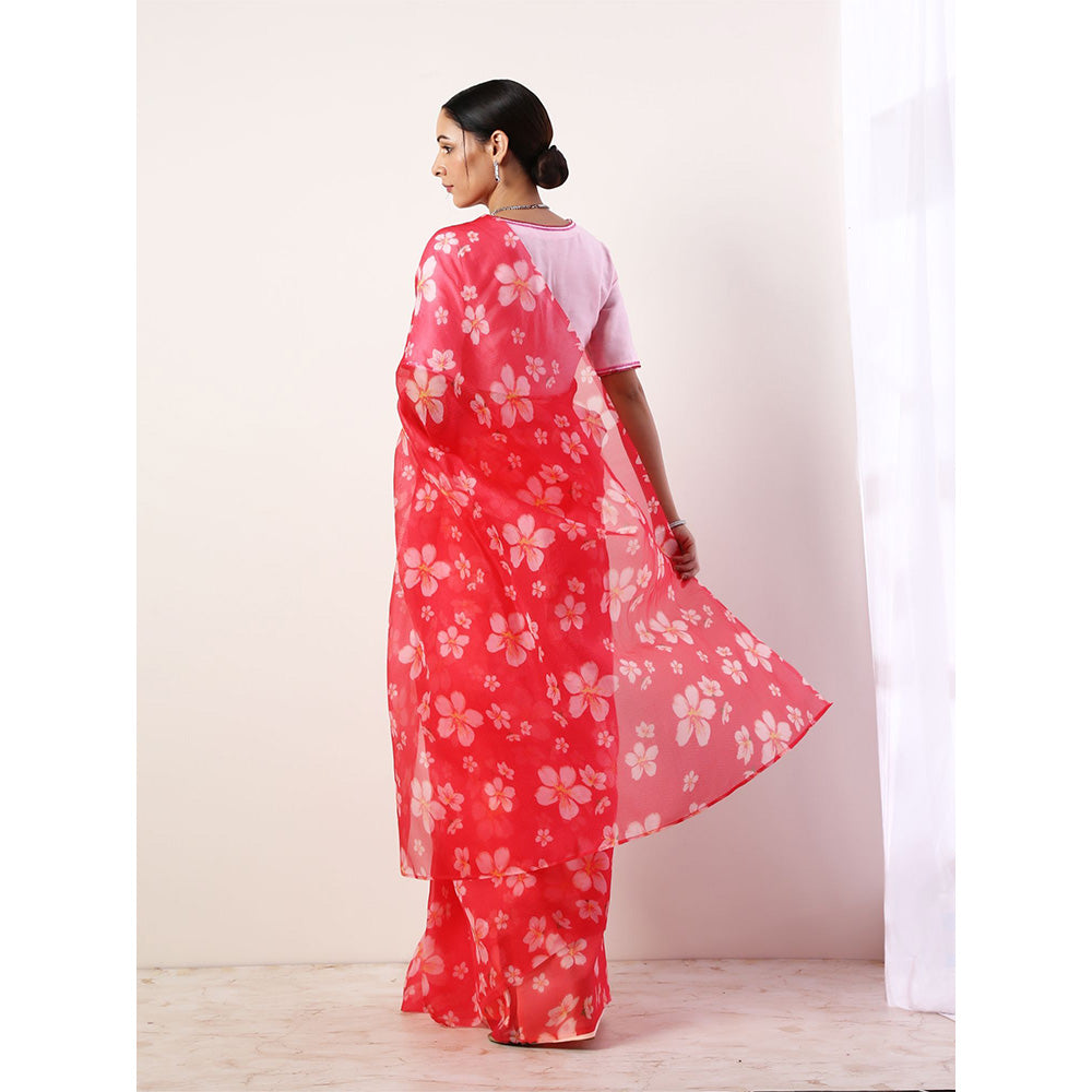 Label Nitika Hot Pink Printed Organza Saree with Stitched Blouse