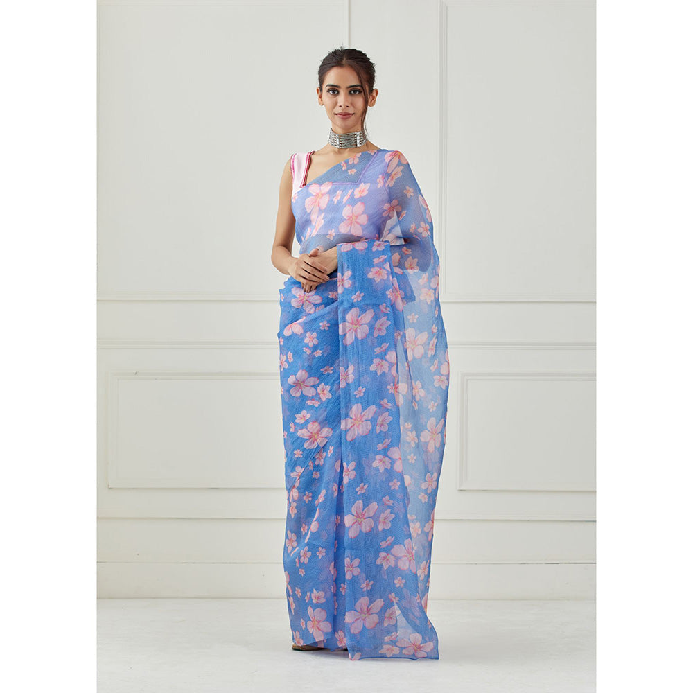 Label Nitika Moon Blue Organza Saree with Stitched Blouse