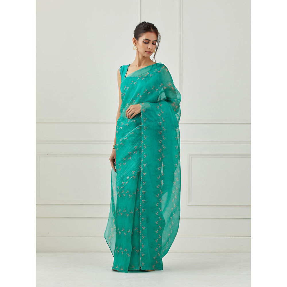 Label Nitika Teal Organza Saree with Stitched Blouse