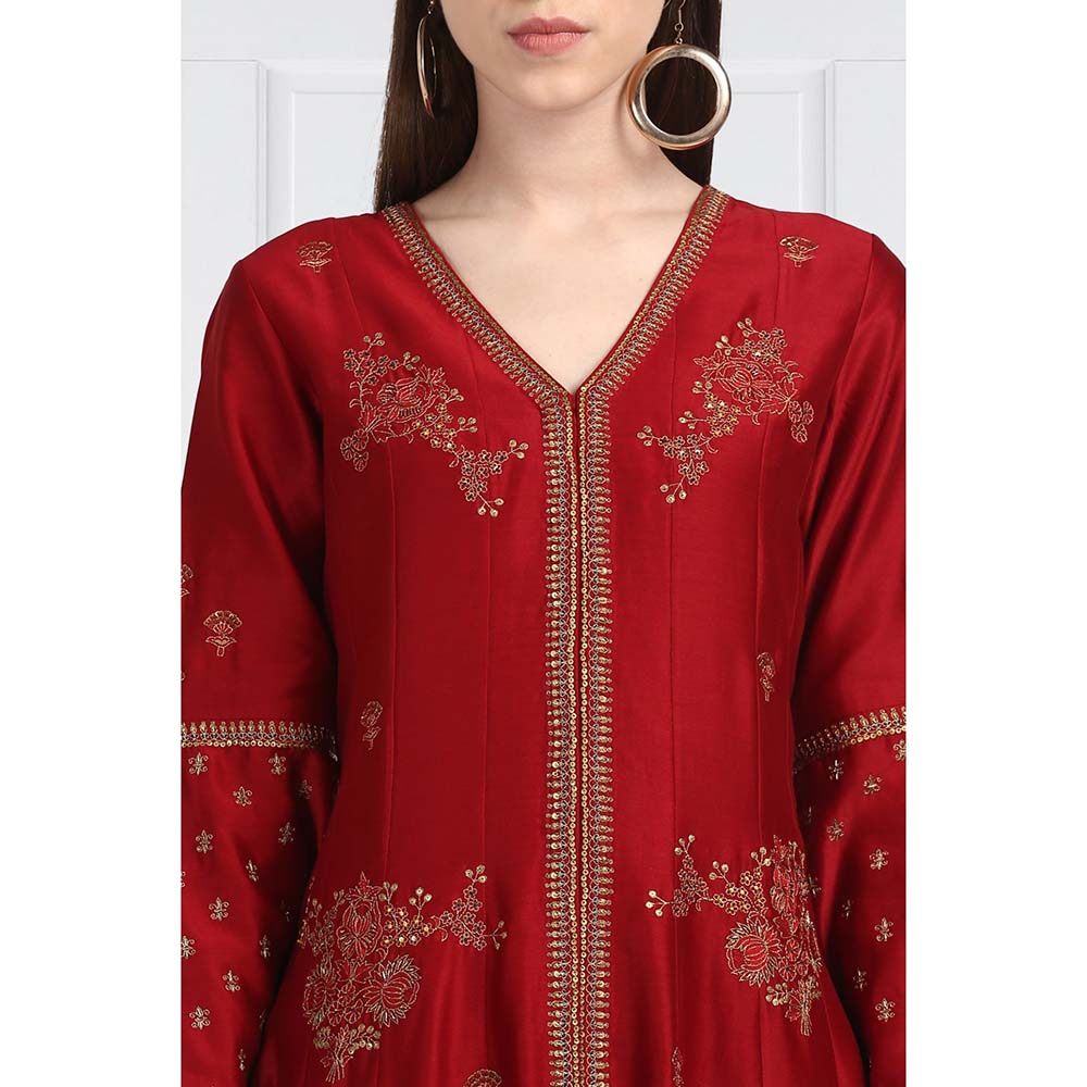 Label Earthen Women Maroon Embroidered Anarkali Kurta with Palazzo & Dupatta (Set of 3)