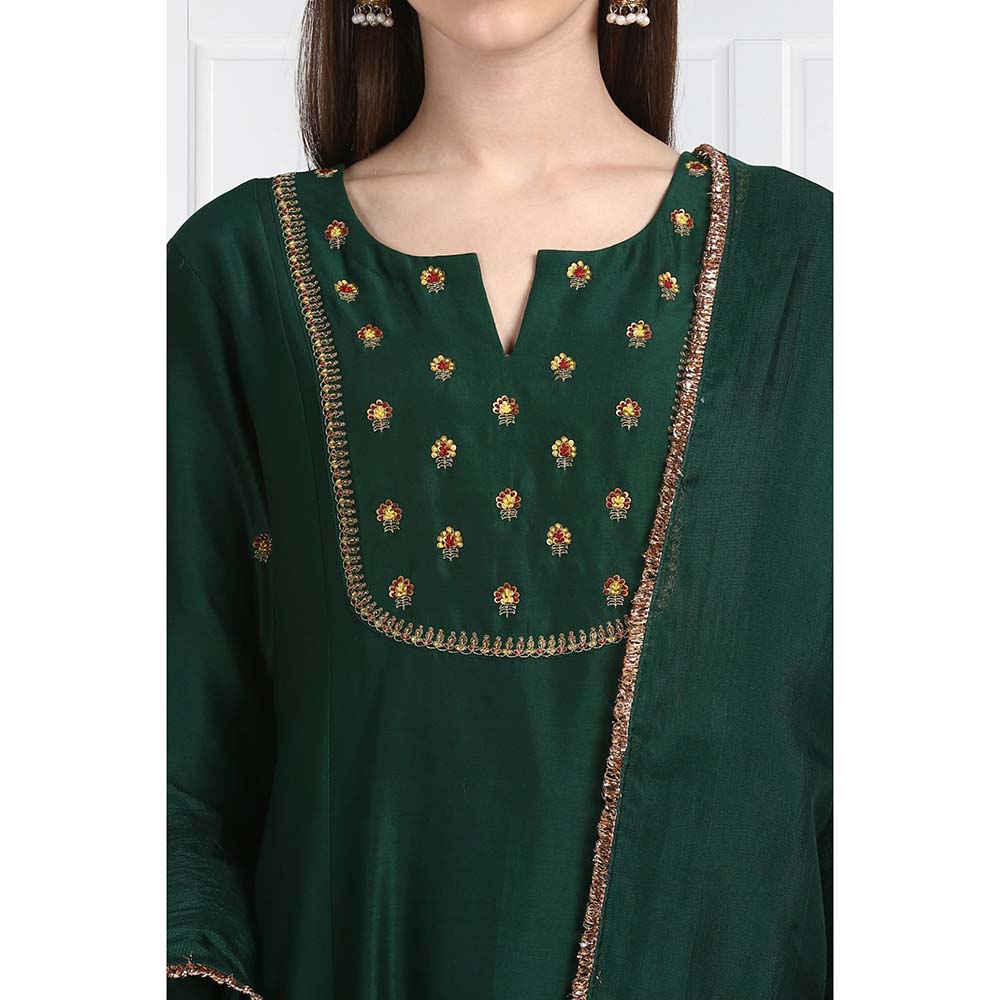 Label Earthen Women Green Embroidered Anarkali Kurta with Palazzo & Dupatta (Set of 3)