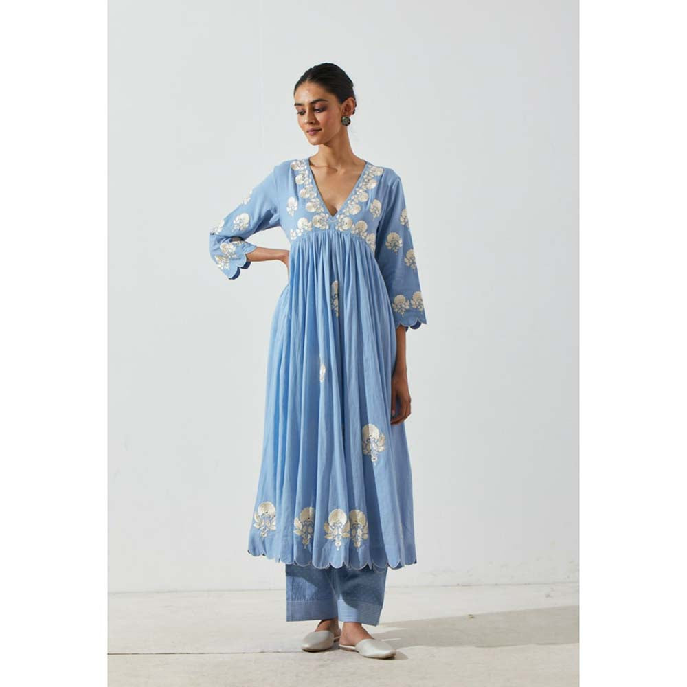 Label Earthen Women Blue Floral Anarkali Kurta with Pant (Set of 2)