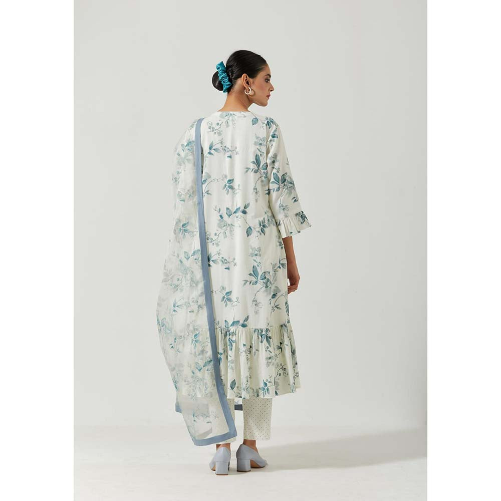 Label Earthen Women White Floral Anarkali Kurta with Pant & Dupatta (Set of 3)