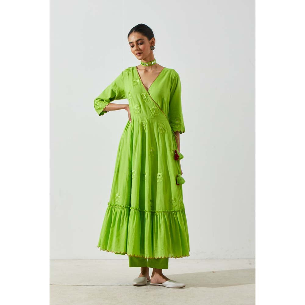 Label Earthen Women Green Floral Angarkha Kurta with Pant (Set of 2)