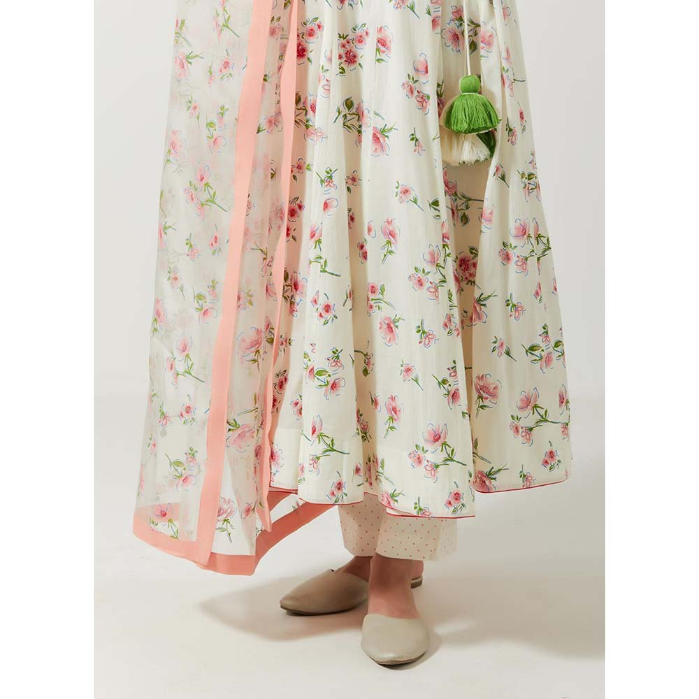 Label Earthen Women White Floral Angarkha Kurta with Pant & Dupatta (Set of 3)