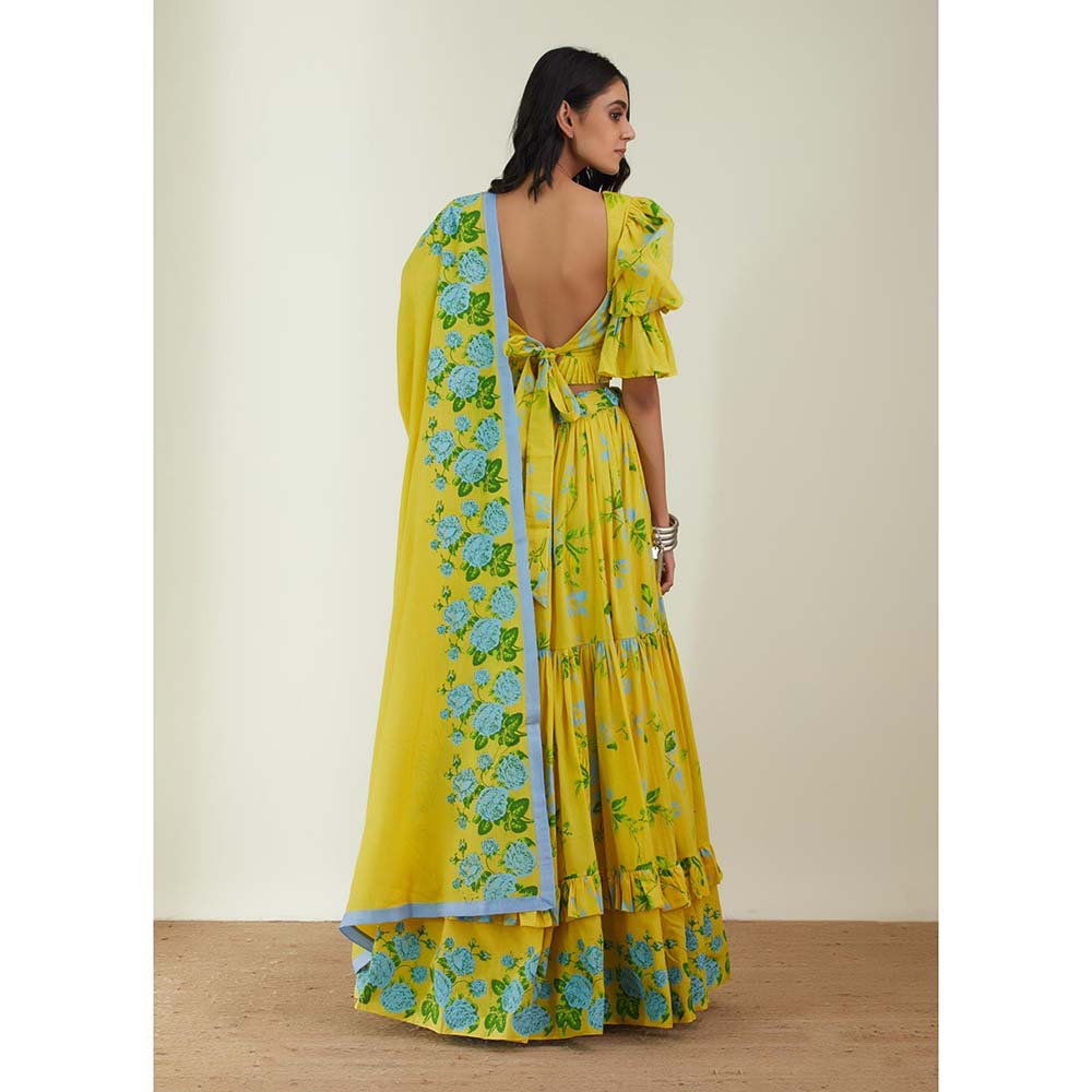 Label Earthen Women Yellow Floral Lehenga with Choli & Dupatta (Set of 3)