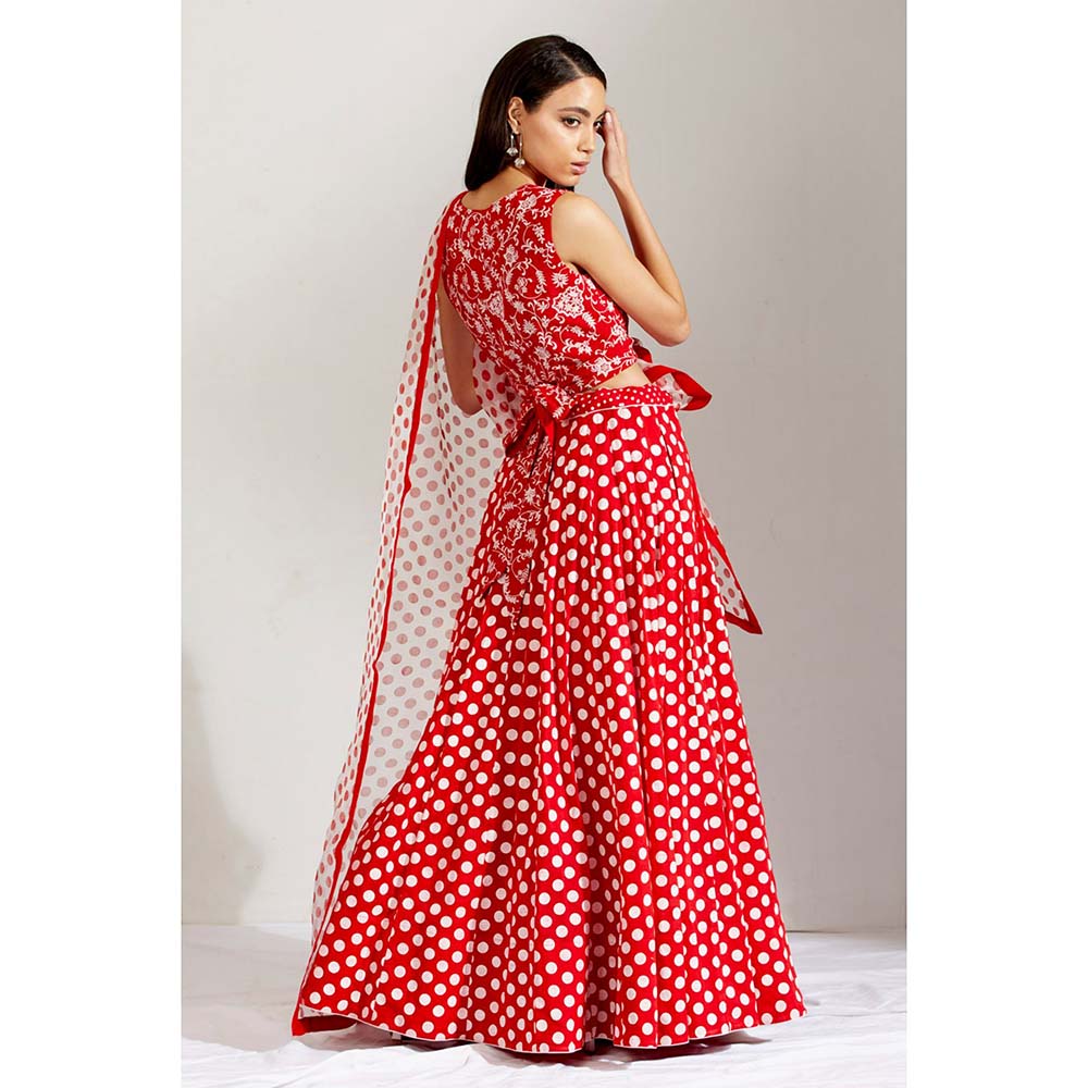 Label Earthen Women Red Floral Lehenga with Choli & Dupatta (Set of 3)