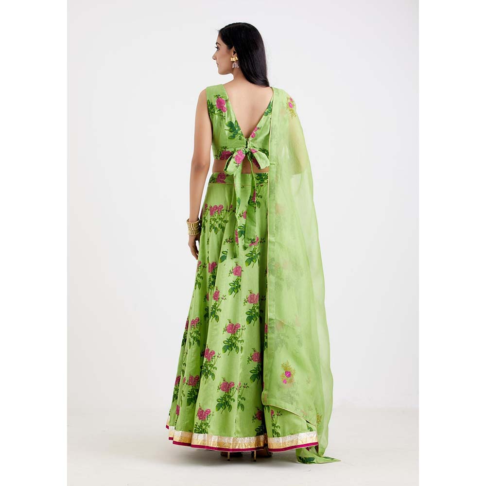 Label Earthen Women Green Floral Lehenga with Choli & Dupatta (Set of 3)