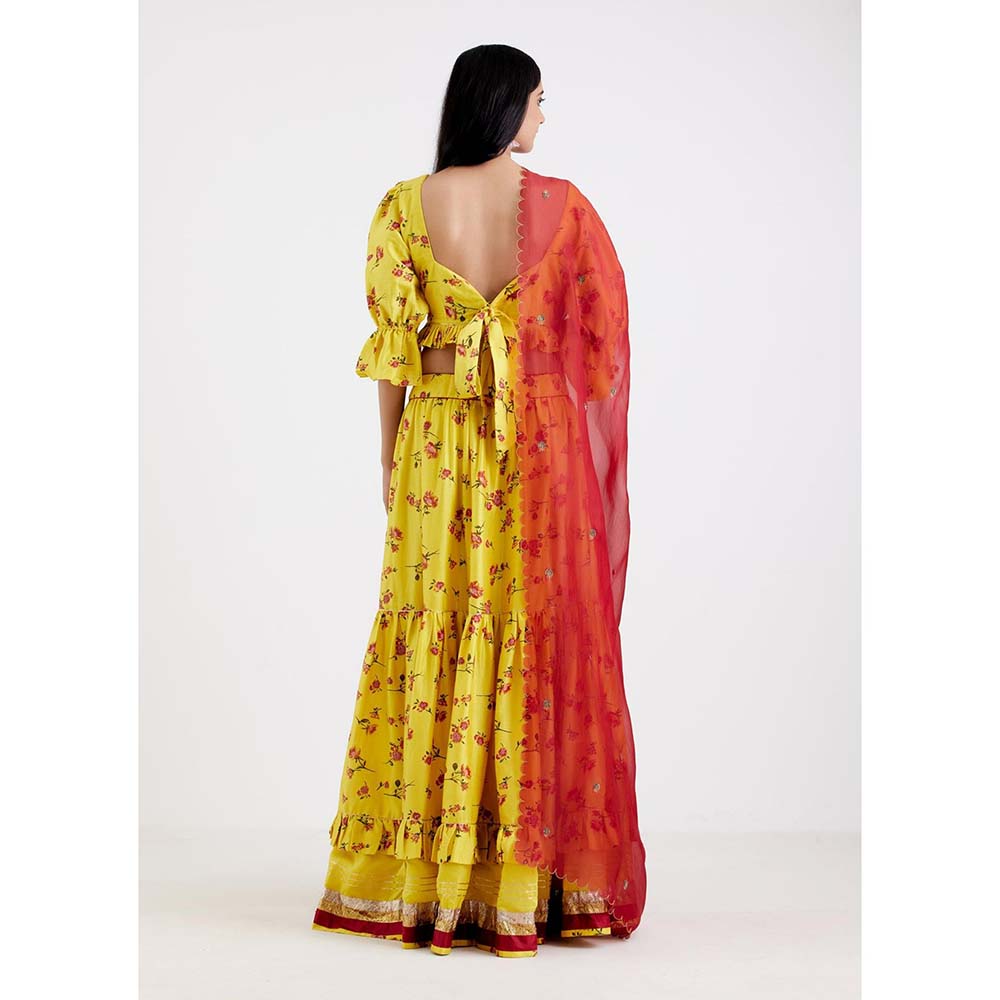 Label Earthen Women Yellow Floral Lehenga with Choli & Dupatta (Set of 3)
