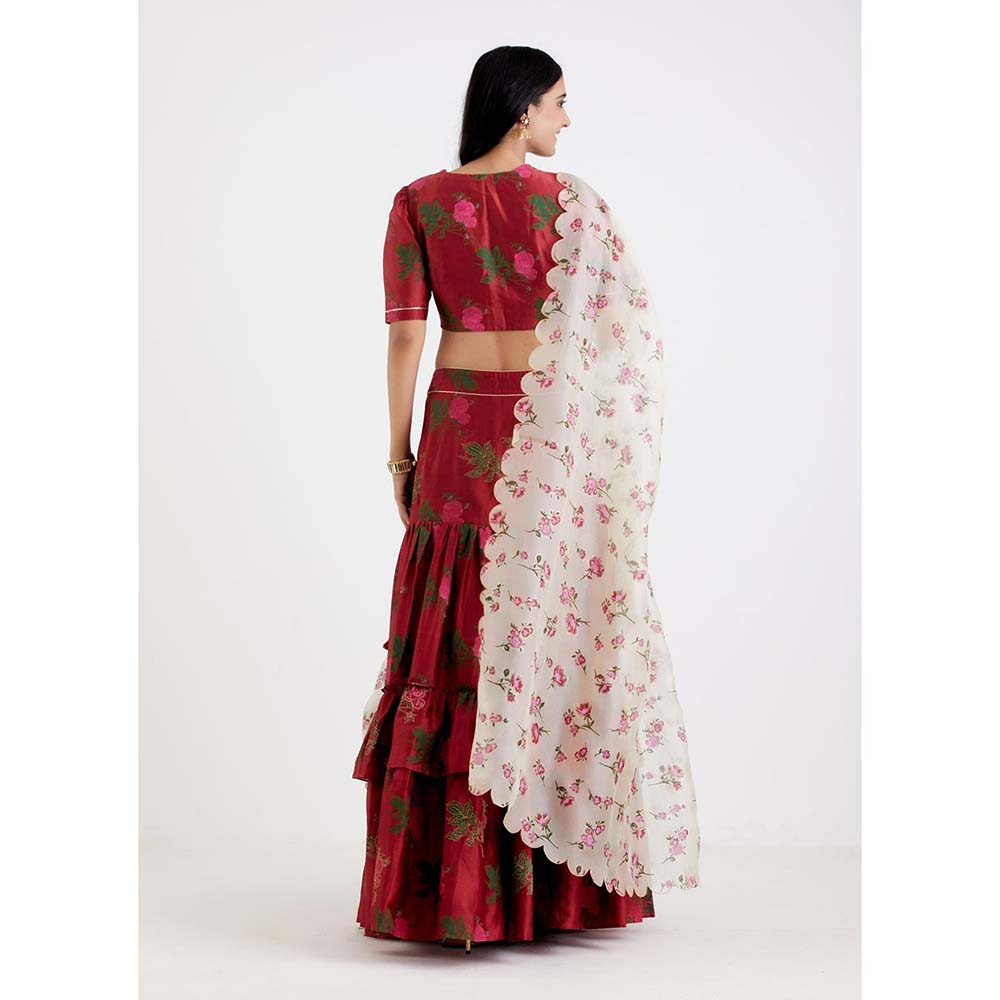 Label Earthen Women Maroon Floral Lehenga with Choli & Dupatta (Set of 3)