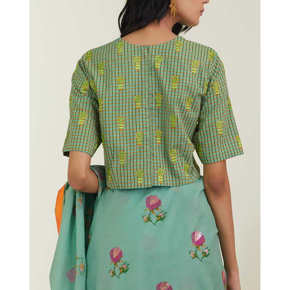 Label Earthen Women Green Floral Saree with Stitched Blouse