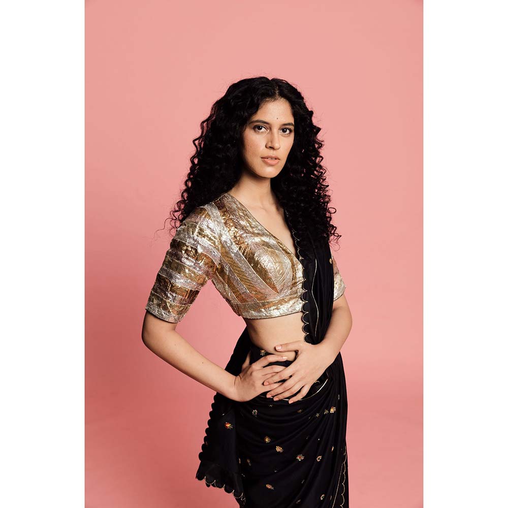 Label Earthen Women Black Embroidered Saree with Stitched Blouse
