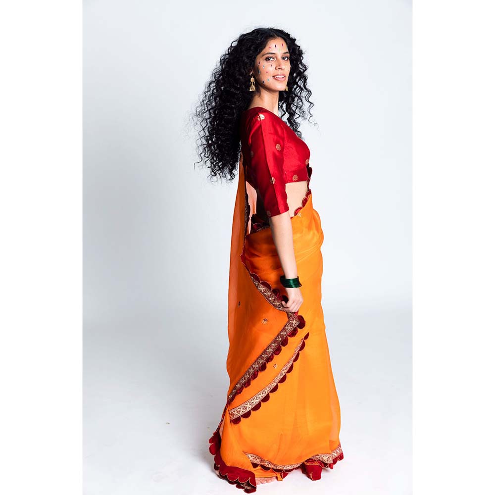 Label Earthen Women Orange Embroidered Saree with Stitched Blouse