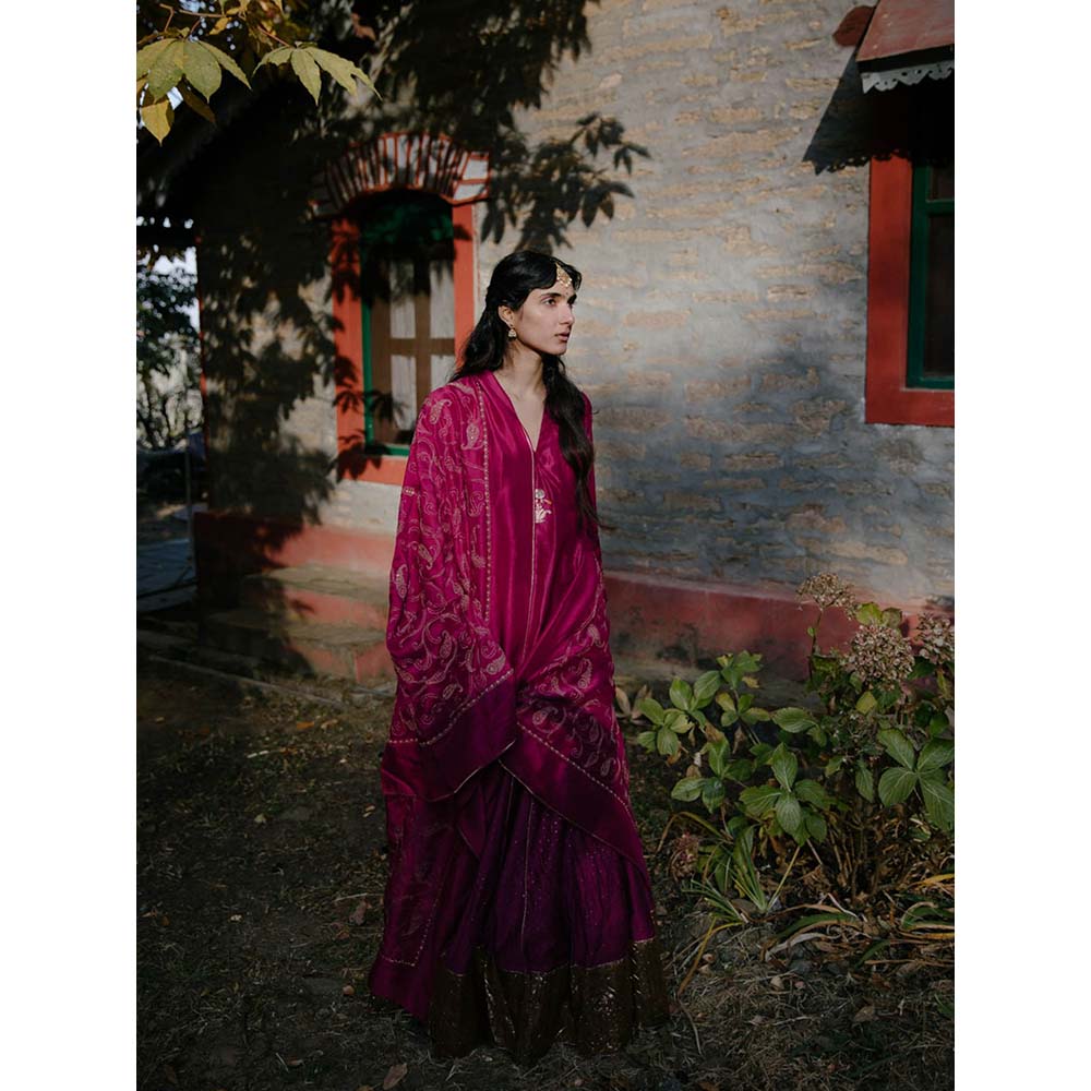Label Earthen Women Magenta Woven Kurta with Lehenga & Dupatta (Set of 3)