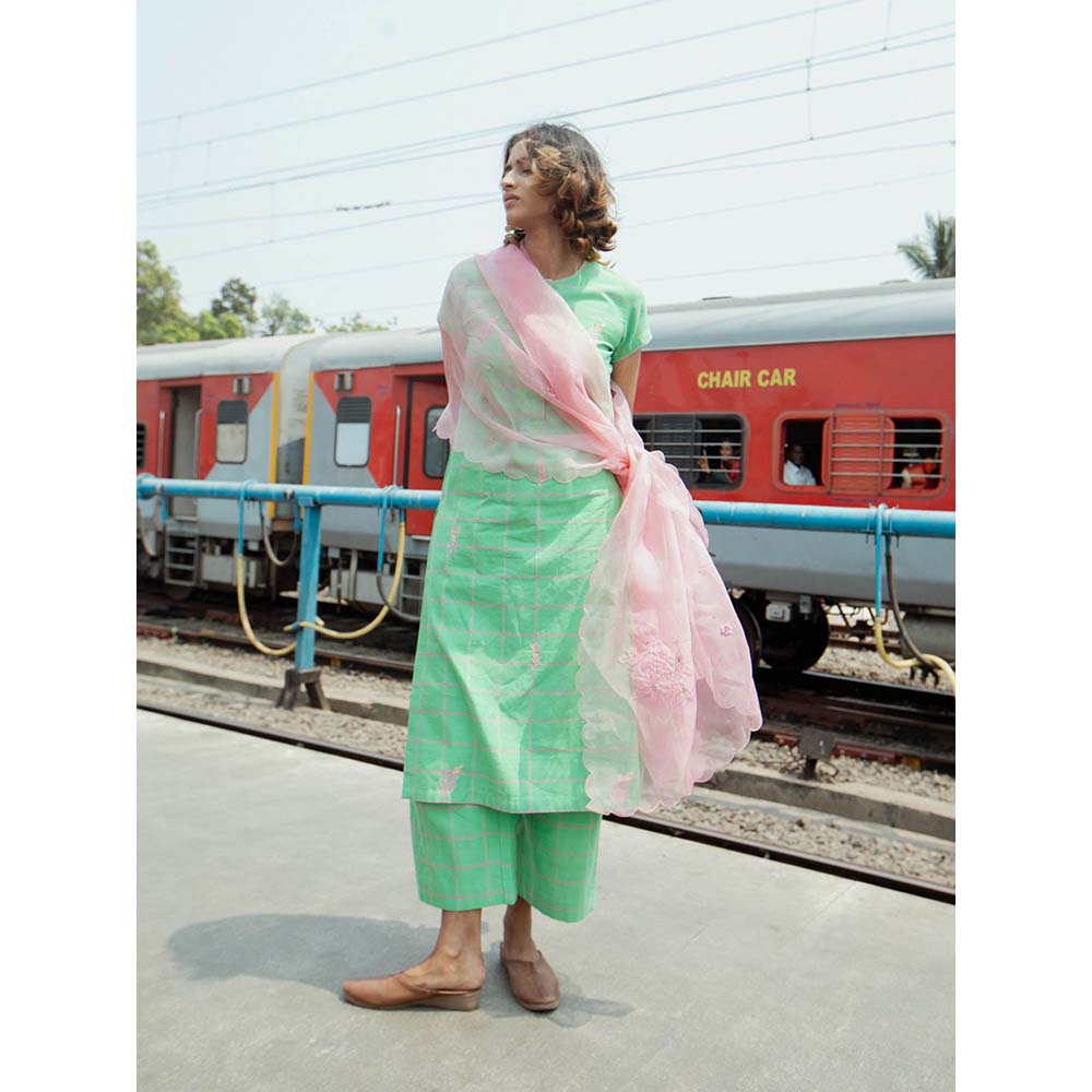 Label Earthen Women Green Checks Kurta with Pant (Set of 2)