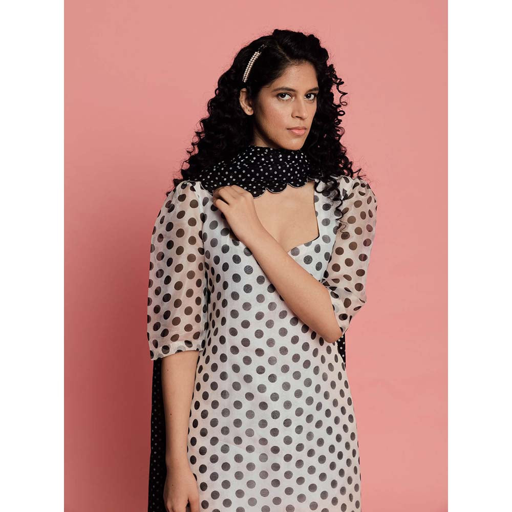 Label Earthen Women White Polka Dots Kurta with Pant & Dupatta (Set of 3)