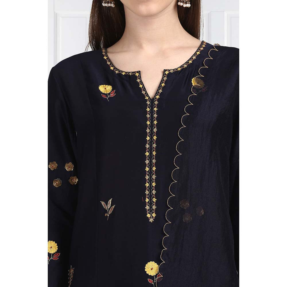 Label Earthen Women Navy Blue Embroidered Kurta with Pant & Dupatta (Set of 3)