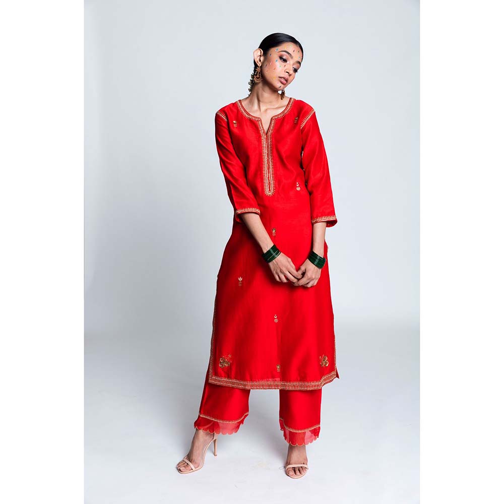Label Earthen Women Red Embroidered Kurta with Pant & Dupatta (Set of 3)
