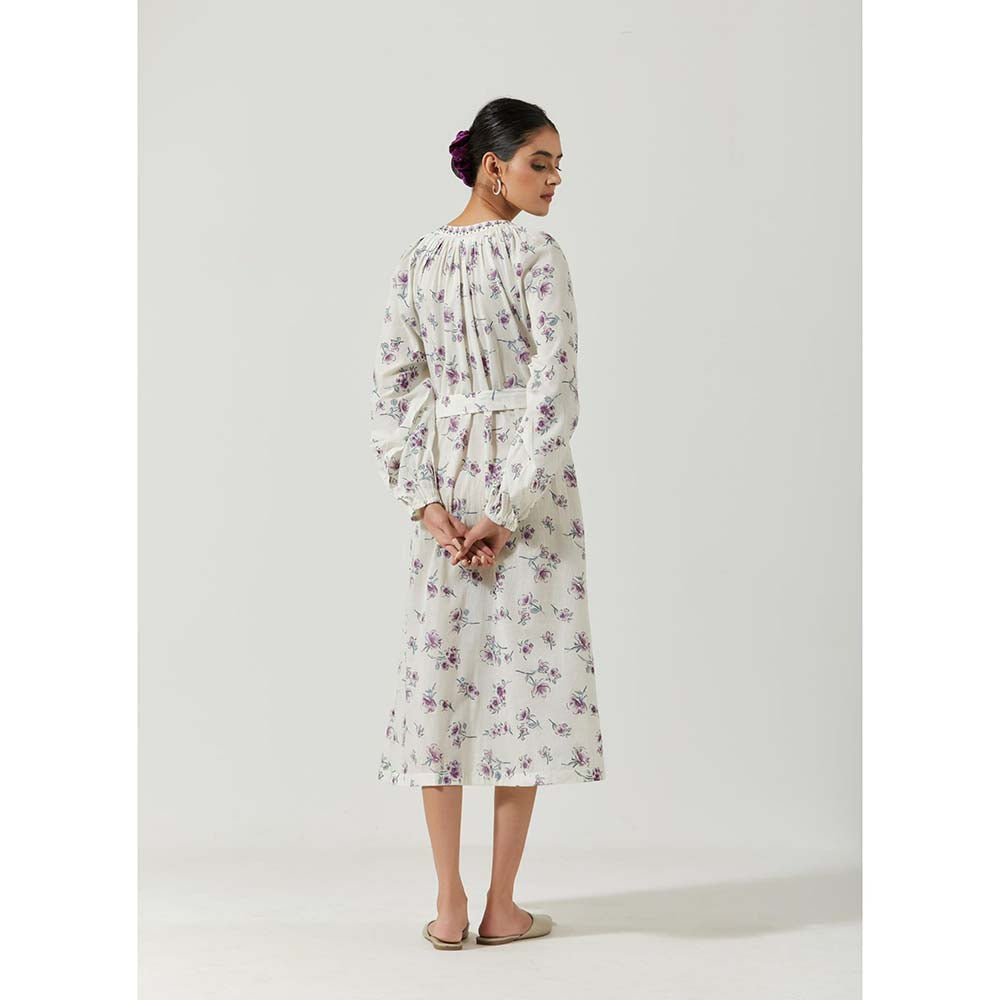 Label Earthen Women White Floral Midi Dress with Belt (Set of 2)