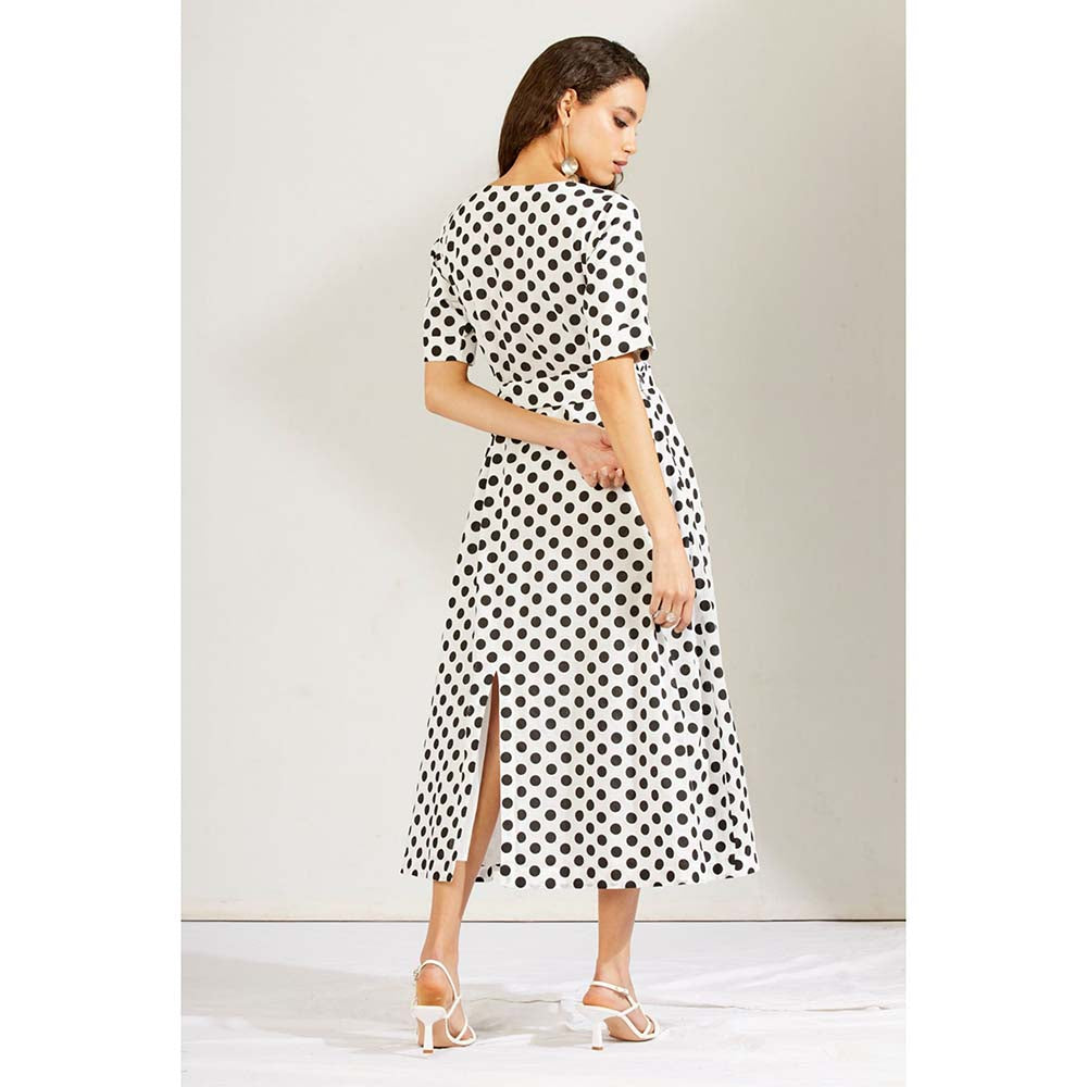 Label Earthen Women Black Polka Dots Midi Dress with Belt (Set of 2)