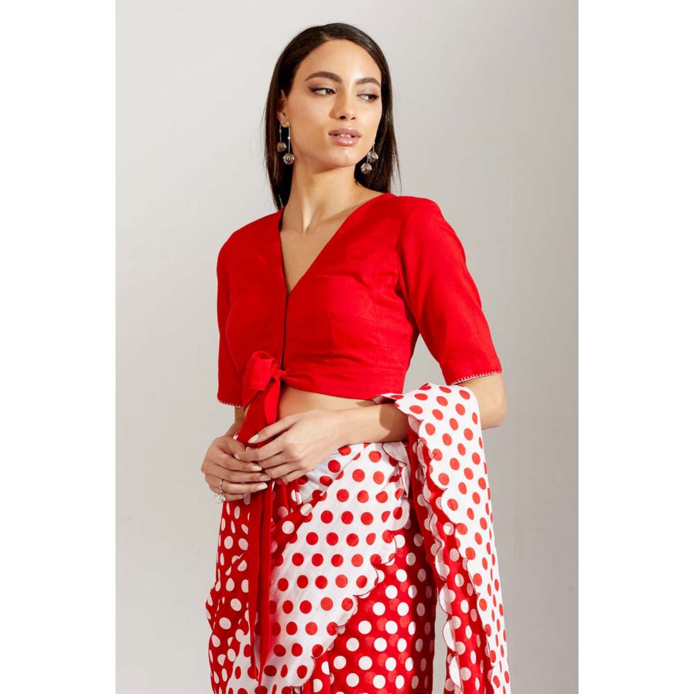 Label Earthen Women Red Polka Dots Saree with Stitched Blouse