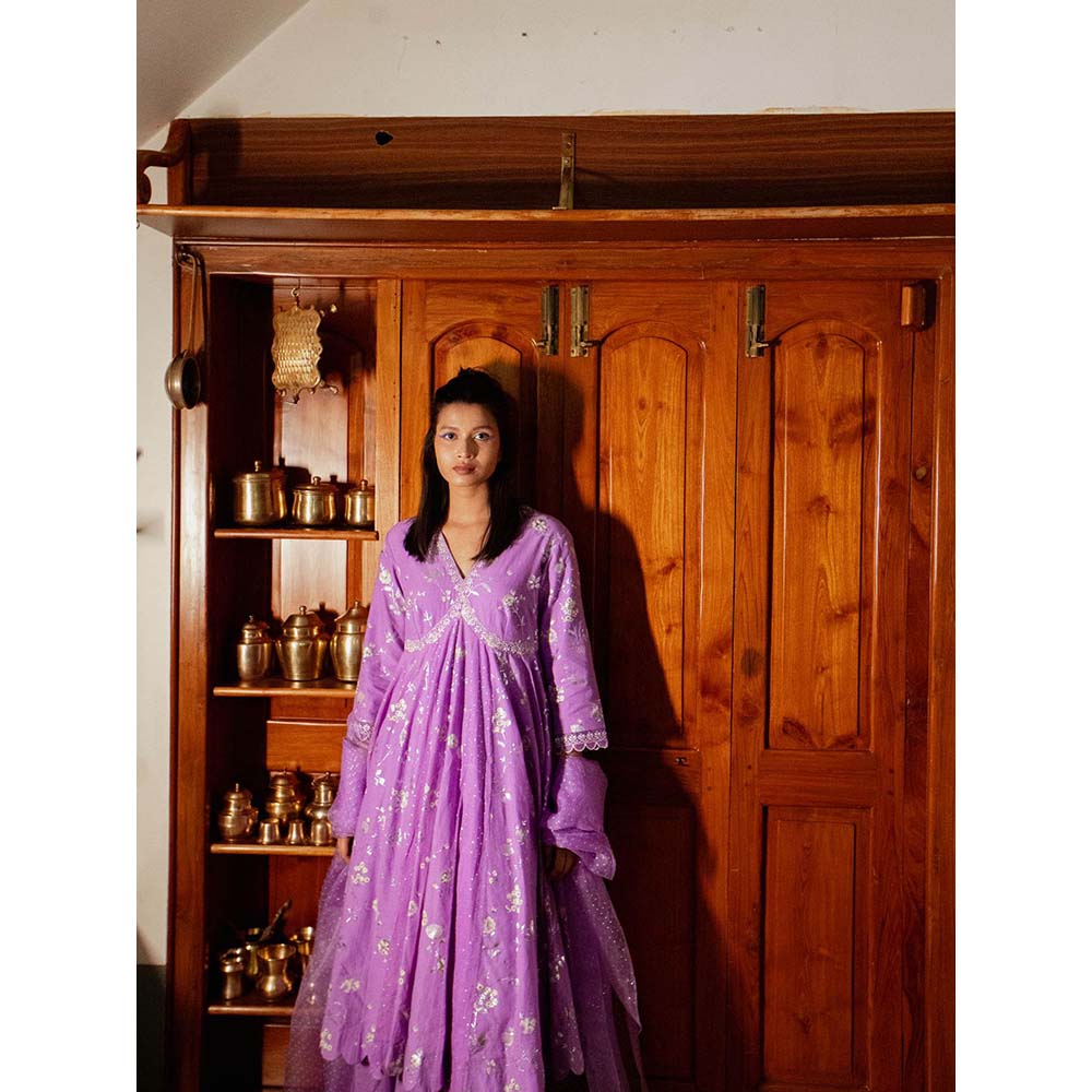 Label Earthen Women Purple Floral Kurta with Sharara & Dupatta (Set of 3)
