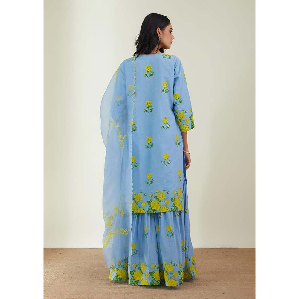 Label Earthen Women Blue Floral Kurta with Sharara & Dupatta (Set of 3)