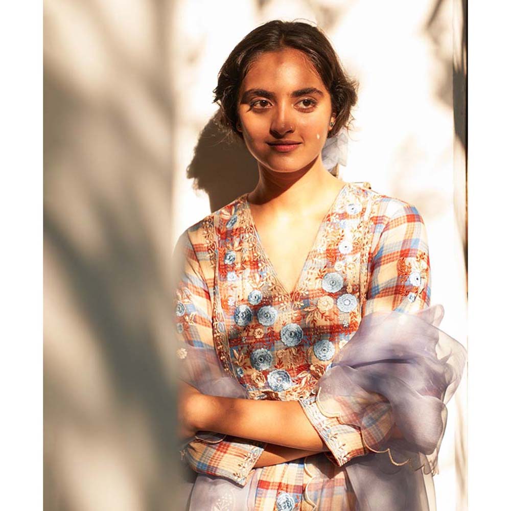 Label Earthen Asmani Jugnu Phool Checked Embroidered Kurta Pant with Dupatta (Set of 3)