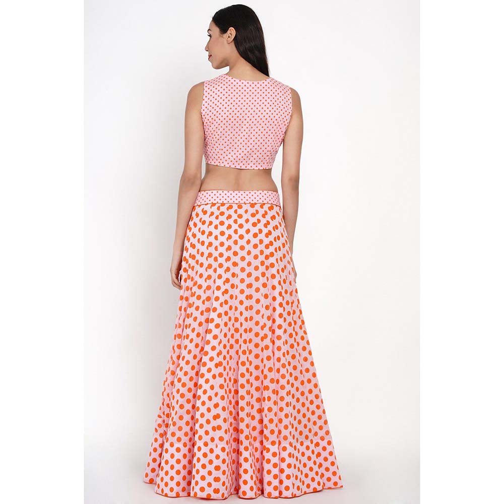 Label Earthen Kesar Gulab Polka Dots Lehenga Blouse with Dupatta (Set of 3)