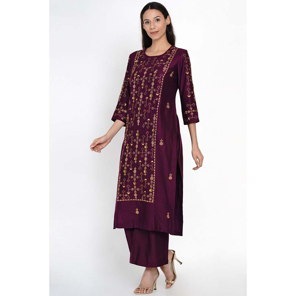 Label Earthen Wine Embroidered Kurta Pant with Dupatta (Set of 3)