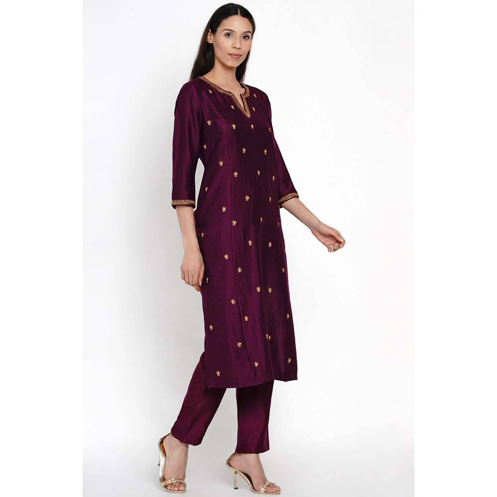 Label Earthen Phalsa Kurta Hand-Embroidered Motif with Pant (Set of 2)
