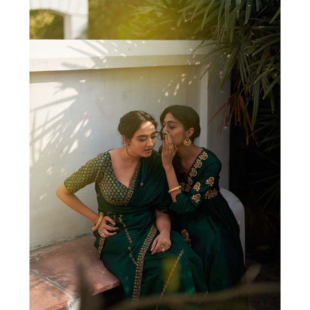 Label Earthen Green Zardozi Kalidaar Kurta with Pant (Set of 2)