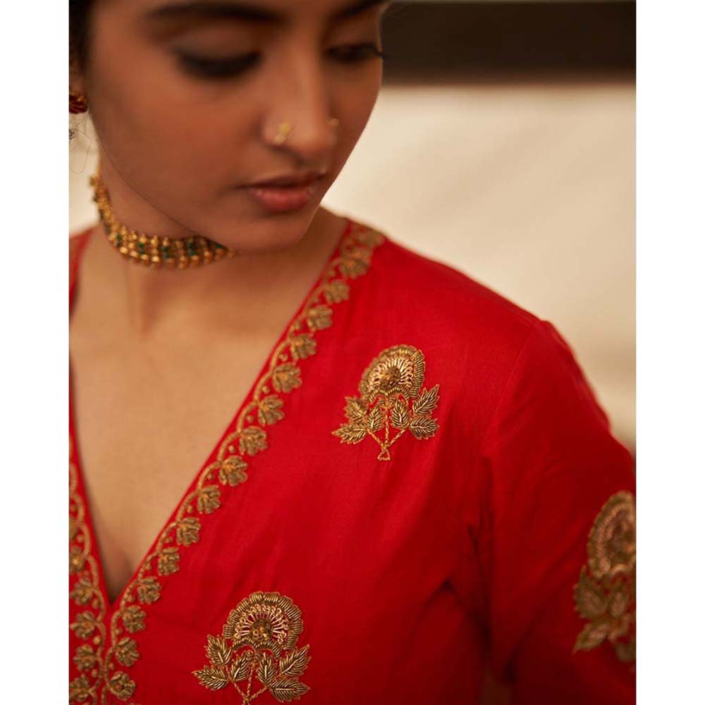 Label Earthen Surkh Laal Rani Zardozi Hand Embroidered Kurta with Pant (Set of 2)