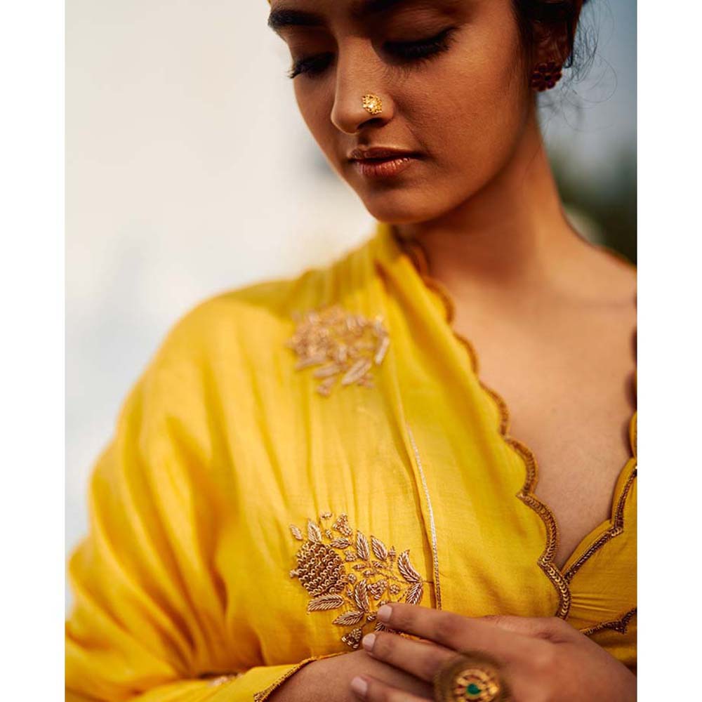 Label Earthen Red & Yellow Champa Makhmal Lehenga Blouse with Embroidered Dupatta (Set of 3)