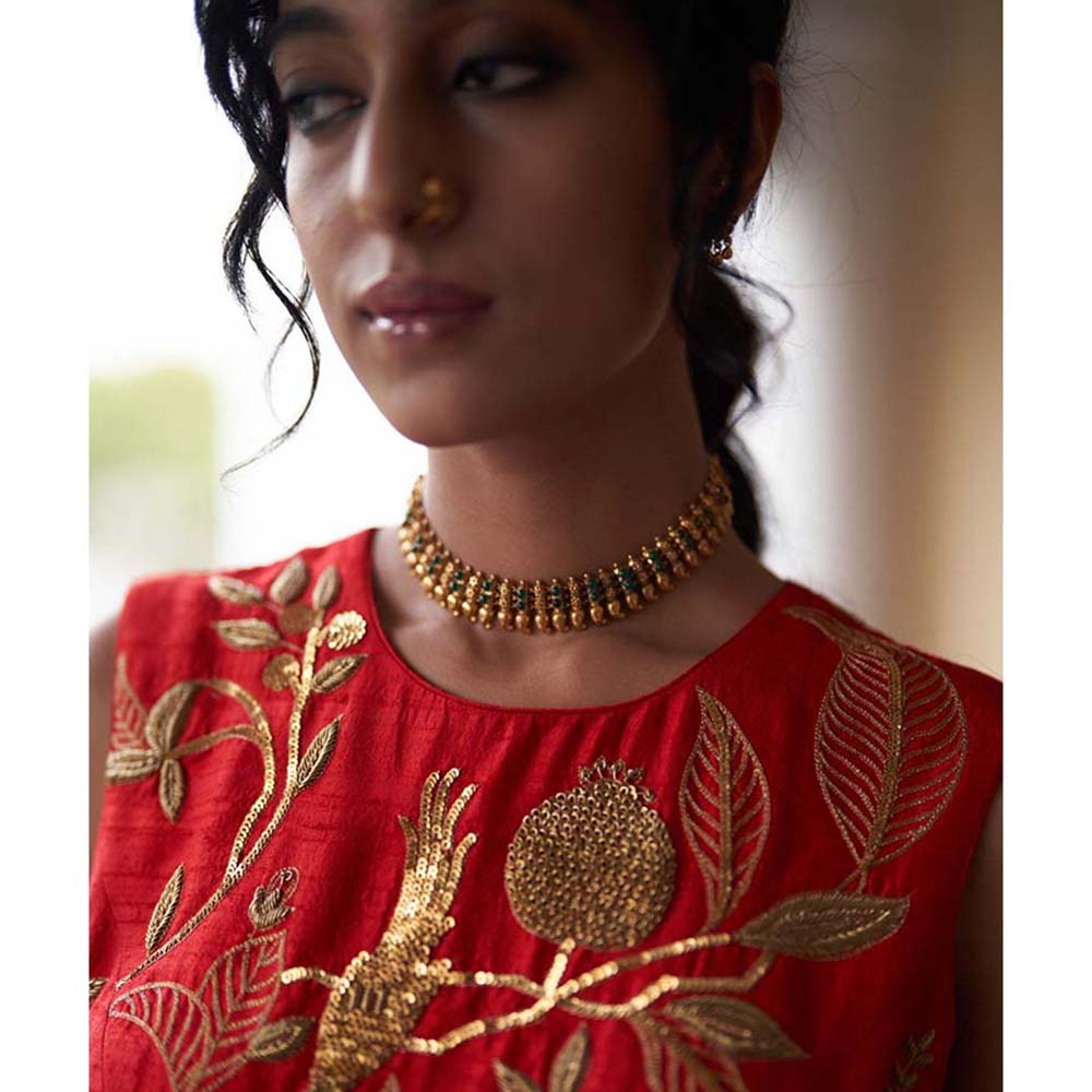 Label Earthen Surkh Laal Zari Sitara Saree with Embroidered with Stitched Blouse