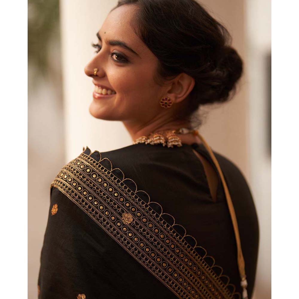 Label Earthen Rani Kairi Black Chiniya Embry Butta Saree with Stitched Blouse