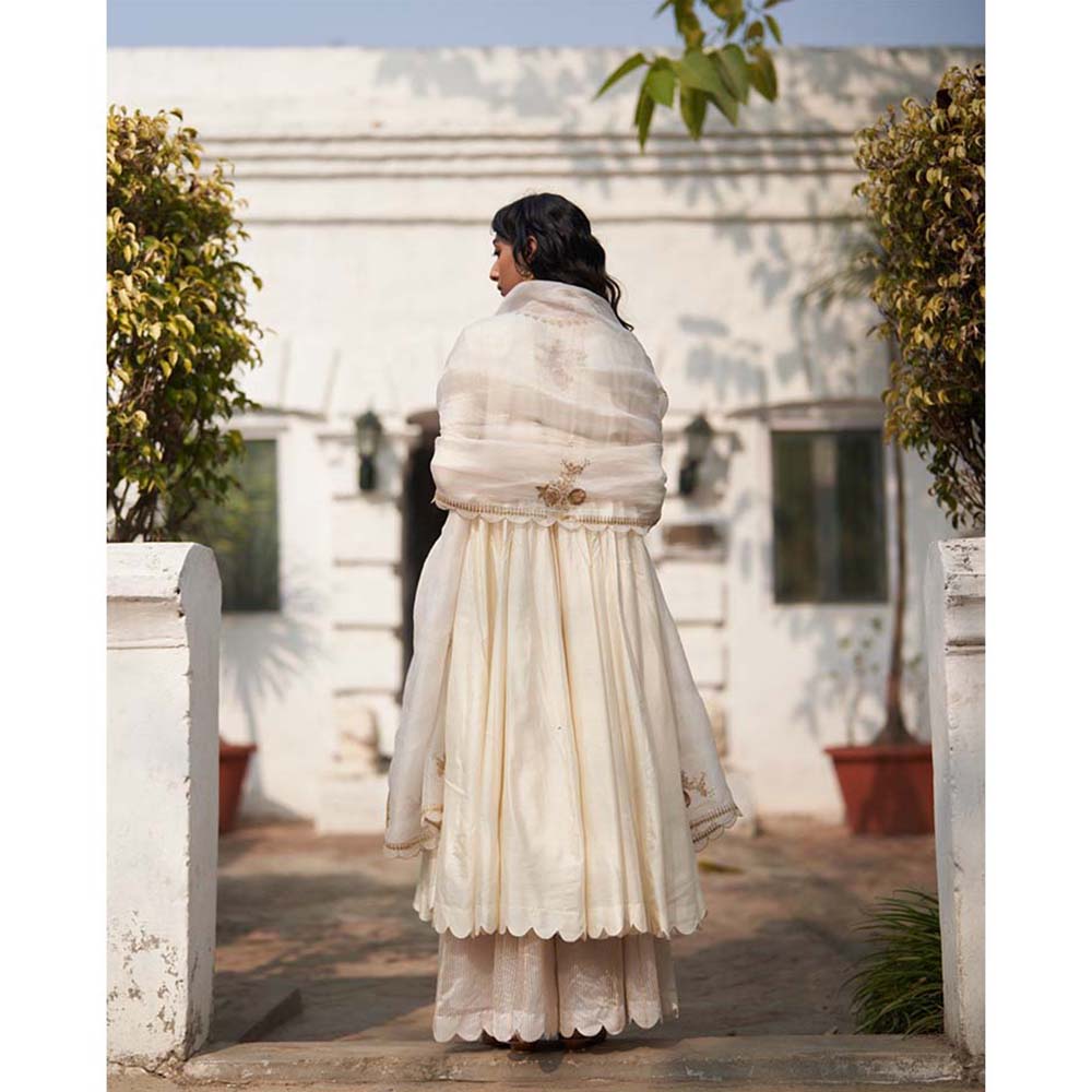 Label Earthen Salma Sitara Rani Kali Ivory Kurta Sharara with Dupatta (Set of 3)