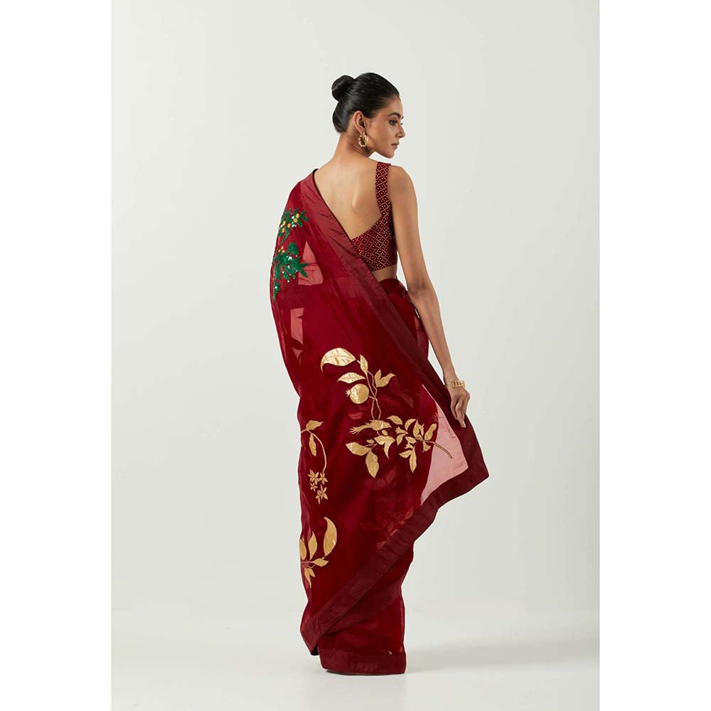 Label Earthen Katthai Chandni Embroidered Saree with Printed with Stitched Blouse