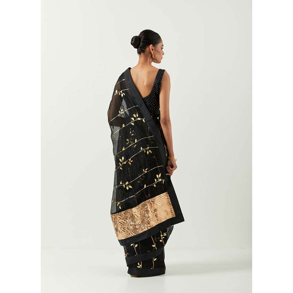 Label Earthen Surma Sona Patti Saree with Foil Printed with Stitched Blouse