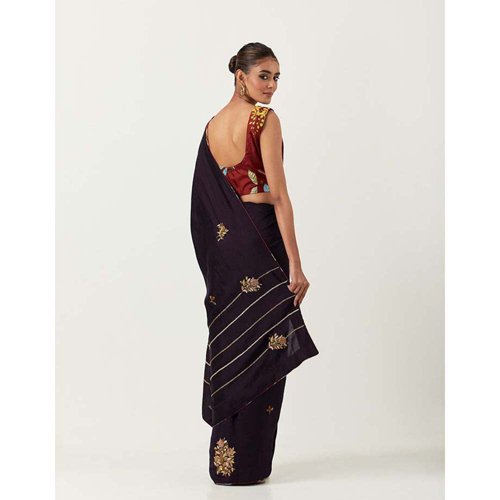 Label Earthen Syahi Anar Saree with Embroidered Zardozi with Stitched Blouse