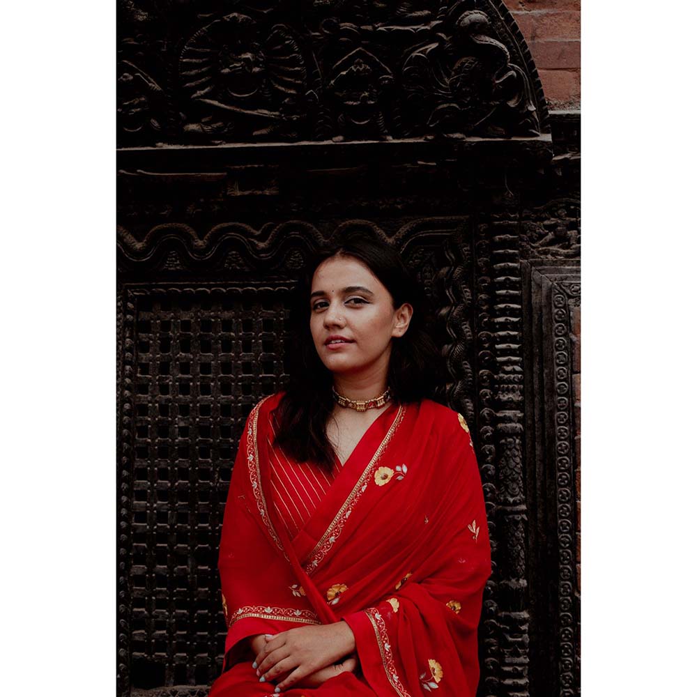 Label Earthen Laal Champa Kali Sequin Embroidered Saree with Stitched Blouse