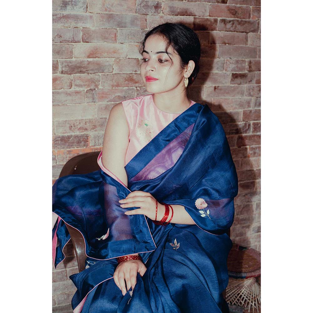 Label Earthen Neel Gulab Woven Saree with Embroidered with Stitched Blouse