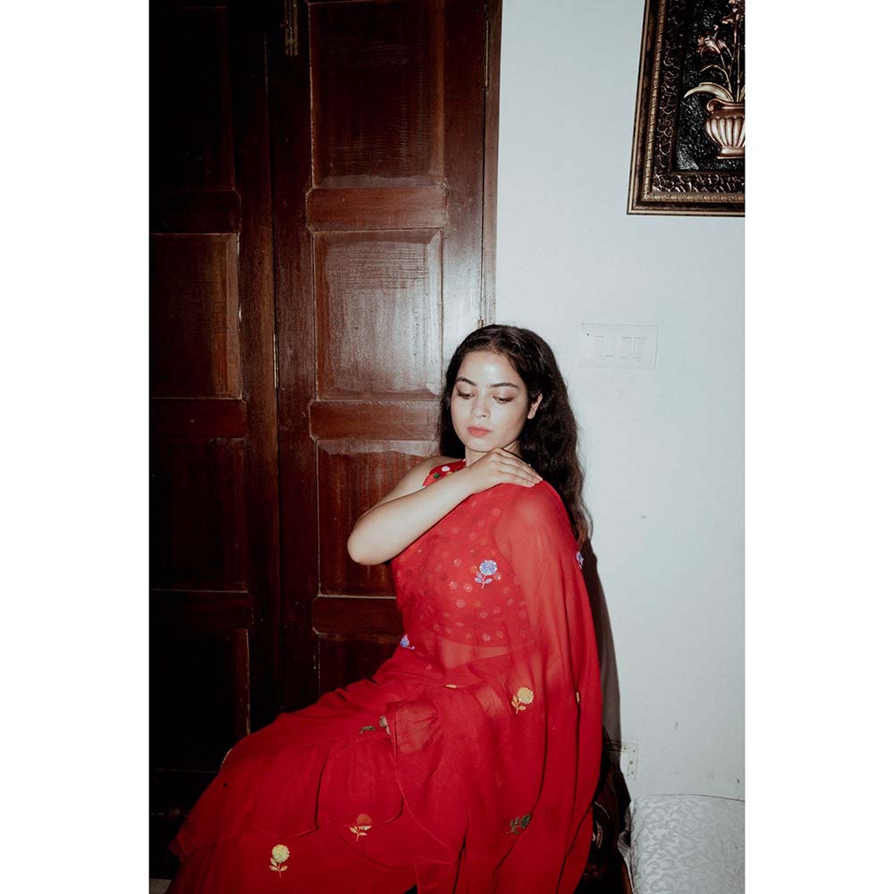 Label Earthen Red Phool Sitara Frill Saree with Stitched Blouse