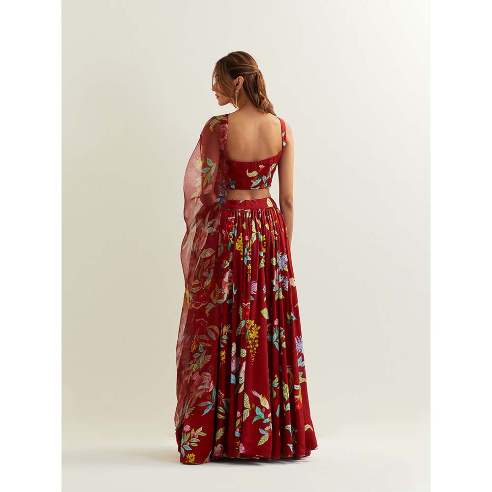 Label Earthen Red Luna Skirt and Blouse with Scallop Dupatta. (Set of 3)