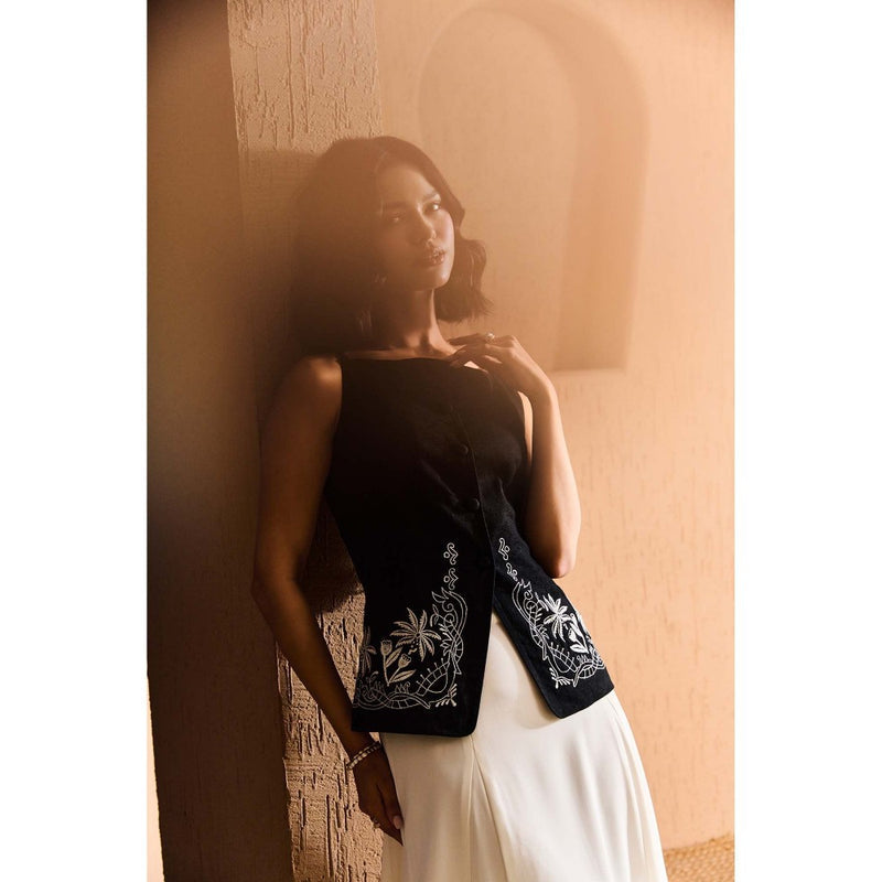 Label Deepika Nagpal Black Zora Waistcoat with Skirt (Set of 2)